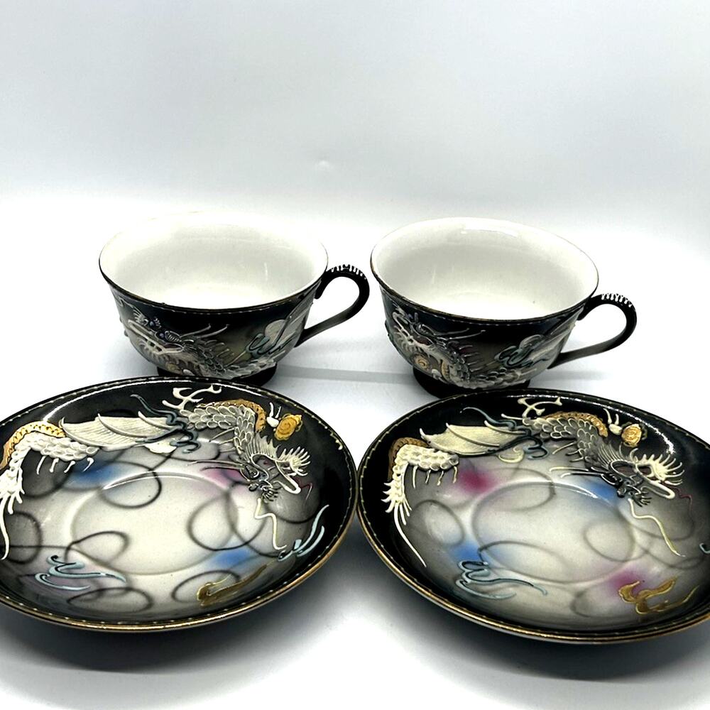 Vintage Set Of 2 Black Moriage Dragon Ware Teacup & Saucer Blue Eye Dragon Japan